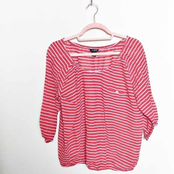 J Crew Factory Red and White Striped Gauze Cotton Peasant Blouse Size Small - Picture 2 of 8